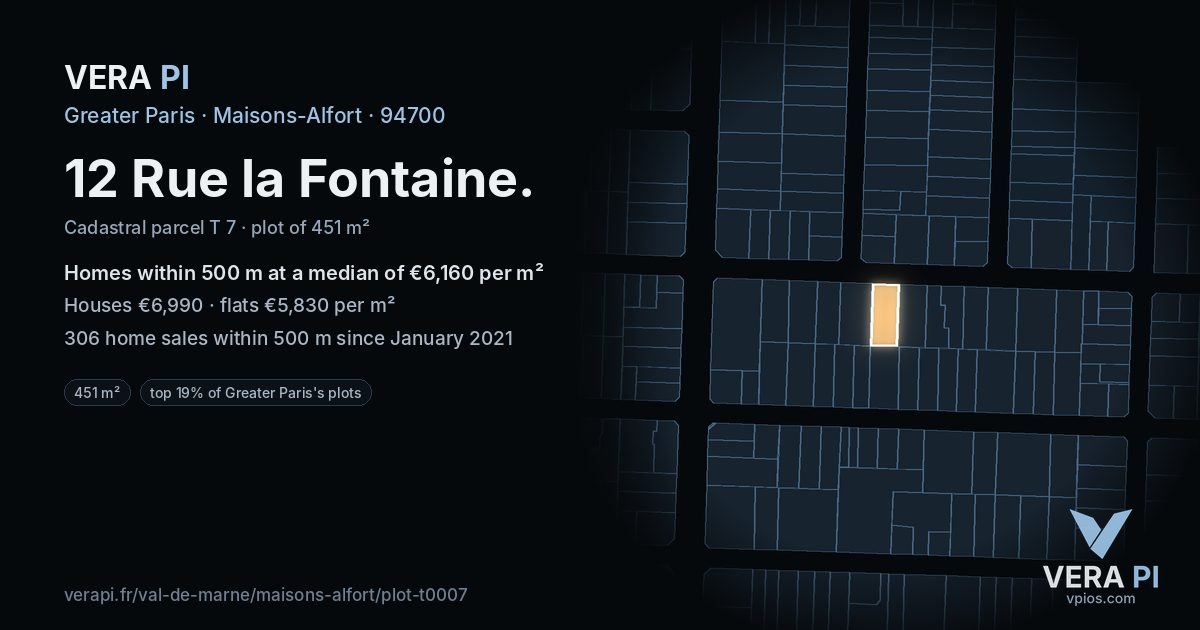 12 Rue la Fontaine, Maisons-Alfort at night – the plot lit, the parcels around coloured by the prices near them
