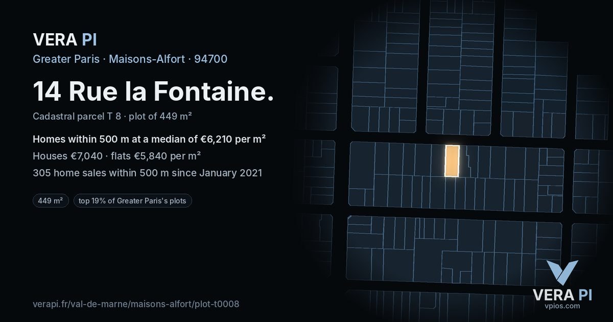 14 Rue la Fontaine, Maisons-Alfort at night – the plot lit, the parcels around coloured by the prices near them