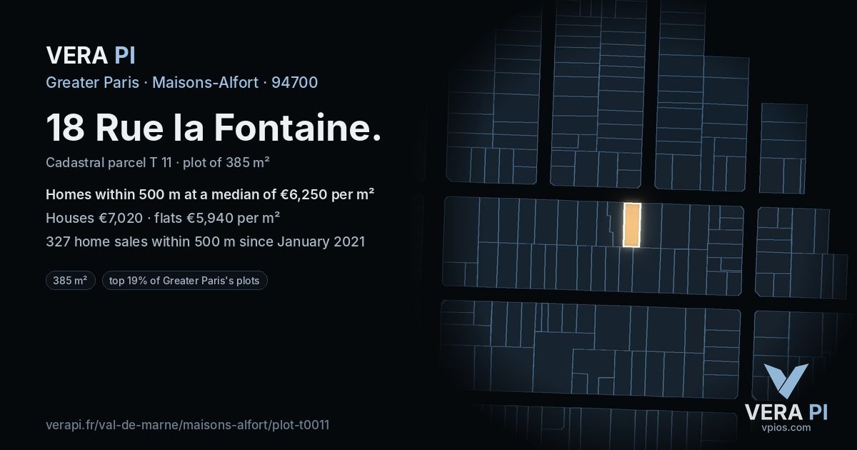 18 Rue la Fontaine, Maisons-Alfort at night – the plot lit, the parcels around coloured by the prices near them