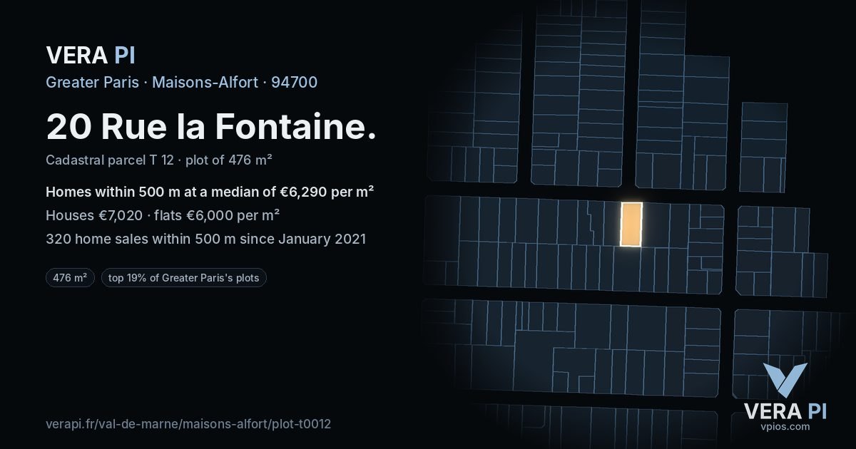 20 Rue la Fontaine, Maisons-Alfort at night – the plot lit, the parcels around coloured by the prices near them
