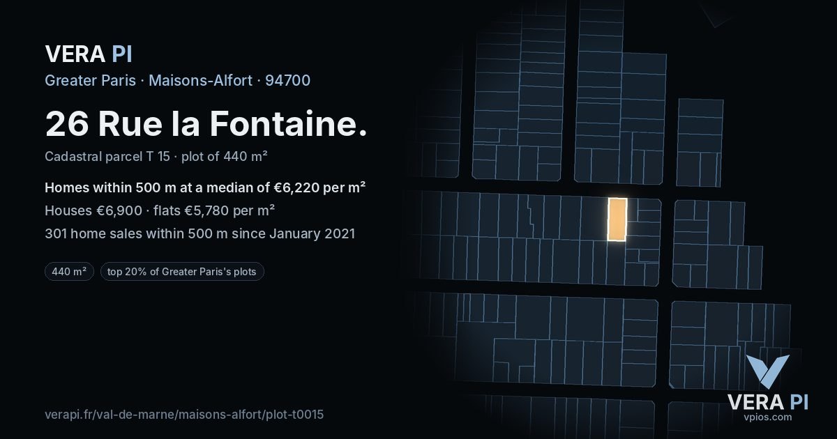 26 Rue la Fontaine, Maisons-Alfort at night – the plot lit, the parcels around coloured by the prices near them