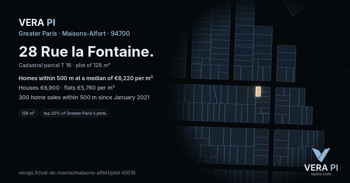 28 Rue la Fontaine, Maisons-Alfort at night – the plot lit, the parcels around coloured by the prices near them