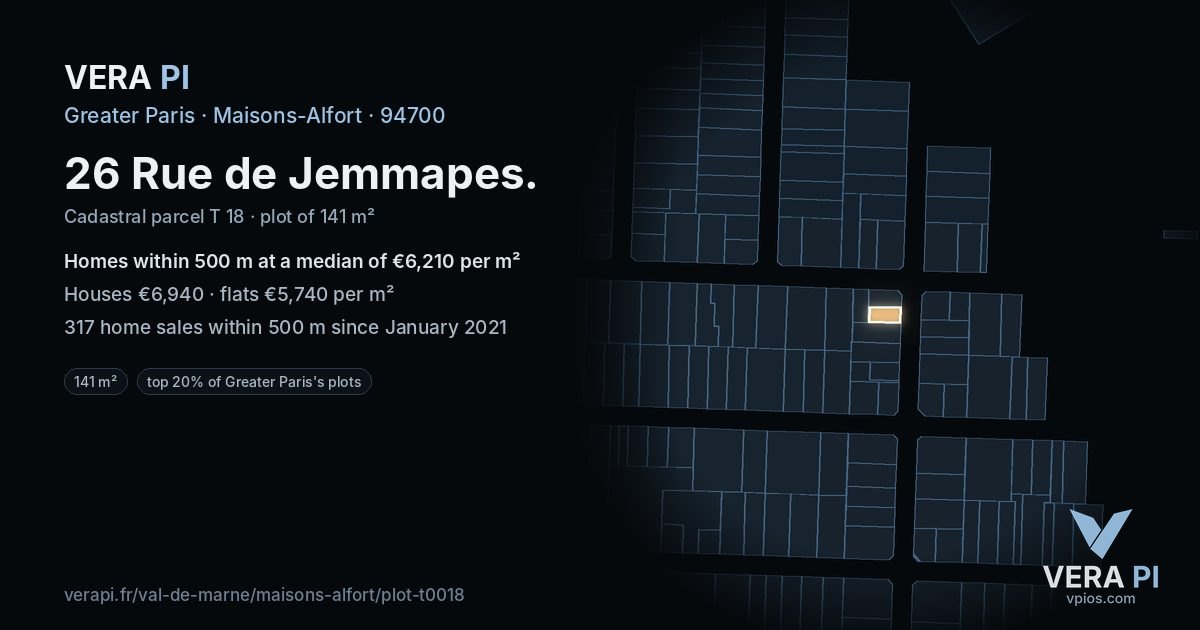 26 Rue de Jemmapes, Maisons-Alfort at night – the plot lit, the parcels around coloured by the prices near them