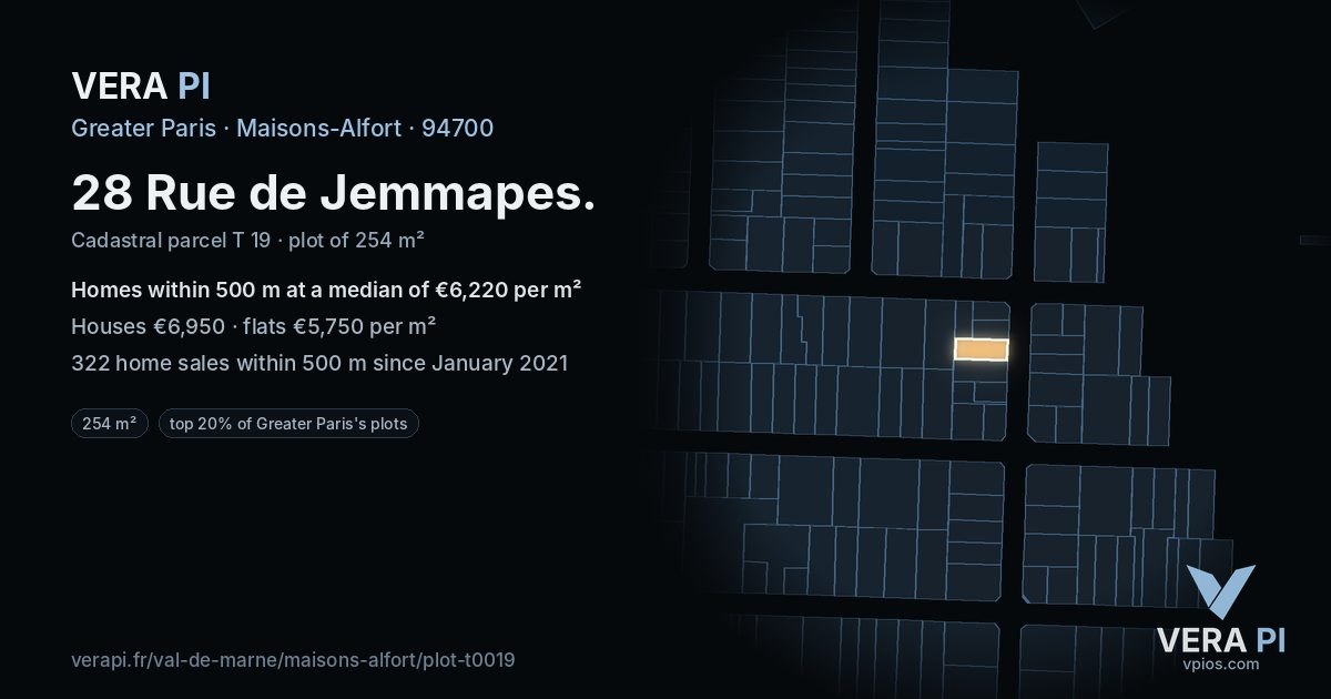 28 Rue de Jemmapes, Maisons-Alfort at night – the plot lit, the parcels around coloured by the prices near them