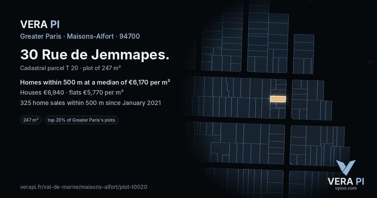 30 Rue de Jemmapes, Maisons-Alfort at night – the plot lit, the parcels around coloured by the prices near them
