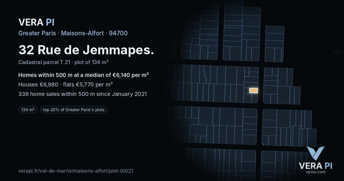 32 Rue de Jemmapes, Maisons-Alfort at night – the plot lit, the parcels around coloured by the prices near them