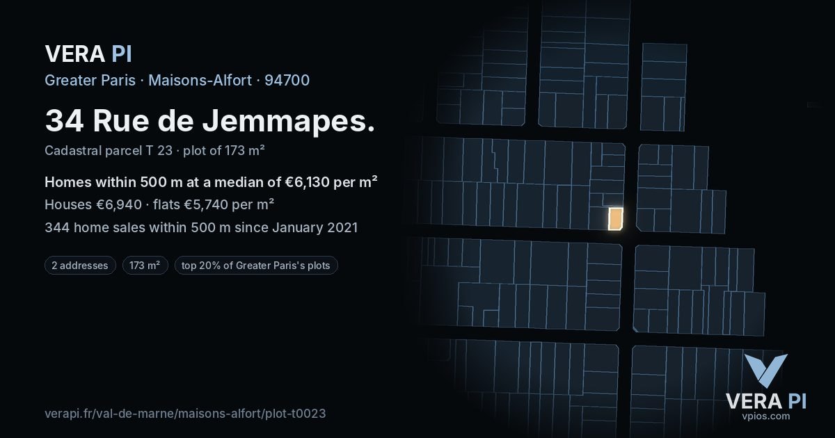 34 Rue de Jemmapes, Maisons-Alfort at night – the plot lit, the parcels around coloured by the prices near them