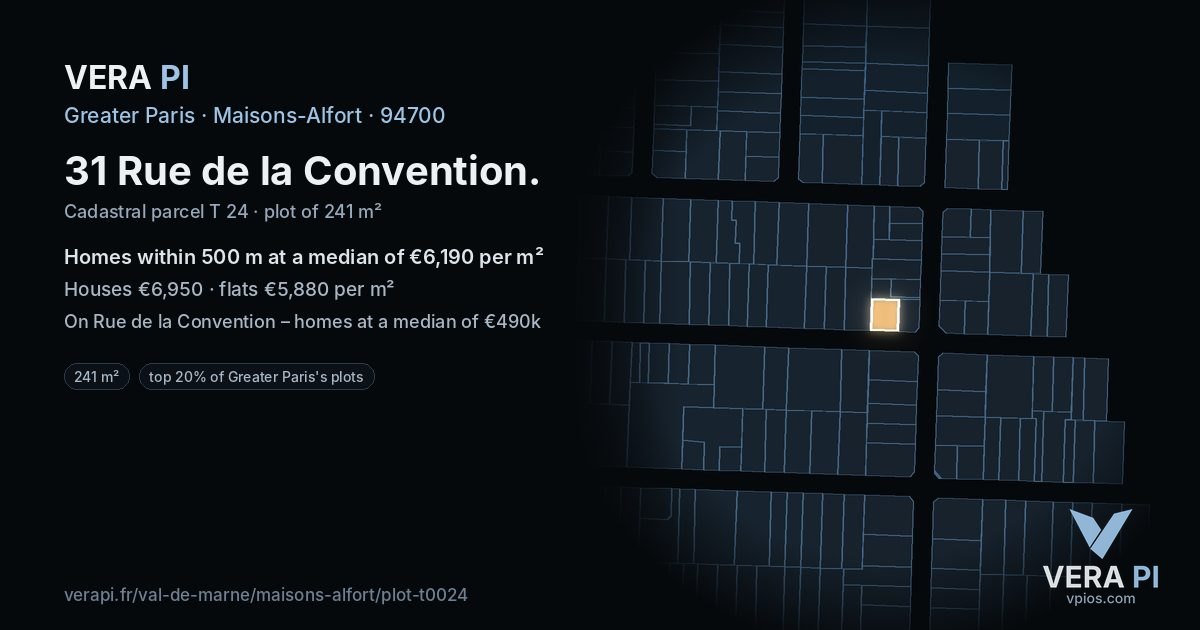31 Rue de la Convention, Maisons-Alfort at night – the plot lit, the parcels around coloured by the prices near them