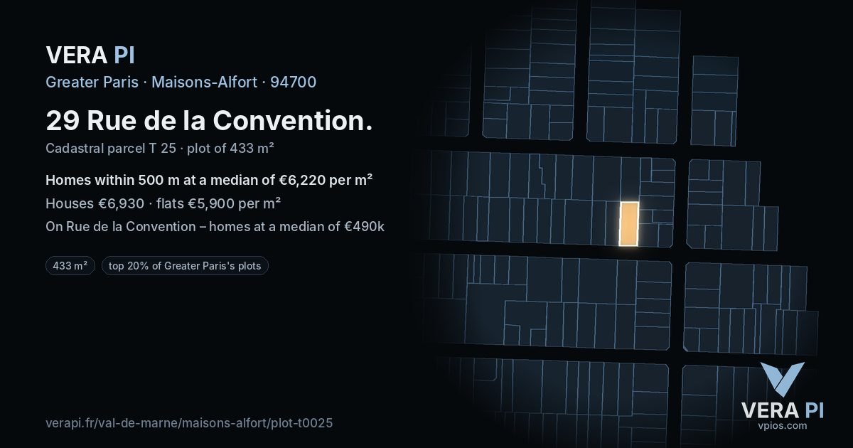 29 Rue de la Convention, Maisons-Alfort at night – the plot lit, the parcels around coloured by the prices near them