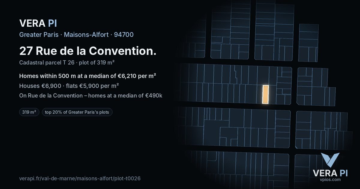 27 Rue de la Convention, Maisons-Alfort at night – the plot lit, the parcels around coloured by the prices near them