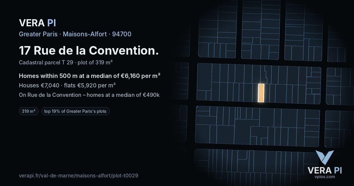 17 Rue de la Convention, Maisons-Alfort at night – the plot lit, the parcels around coloured by the prices near them