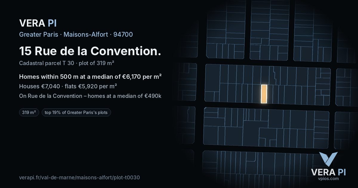 15 Rue de la Convention, Maisons-Alfort at night – the plot lit, the parcels around coloured by the prices near them