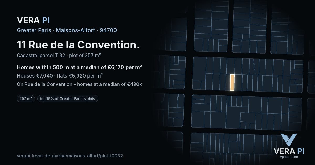 11 Rue de la Convention, Maisons-Alfort at night – the plot lit, the parcels around coloured by the prices near them