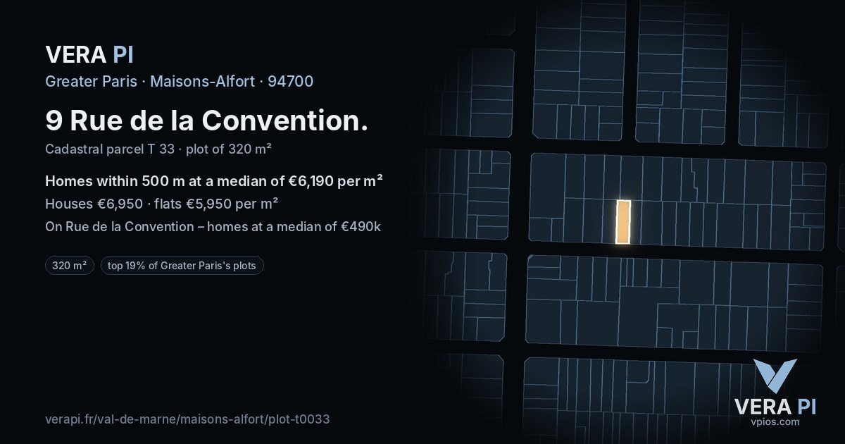 9 Rue de la Convention, Maisons-Alfort at night – the plot lit, the parcels around coloured by the prices near them