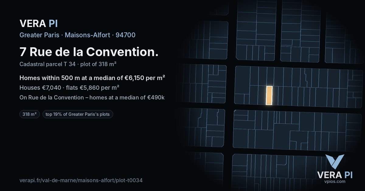 7 Rue de la Convention, Maisons-Alfort at night – the plot lit, the parcels around coloured by the prices near them