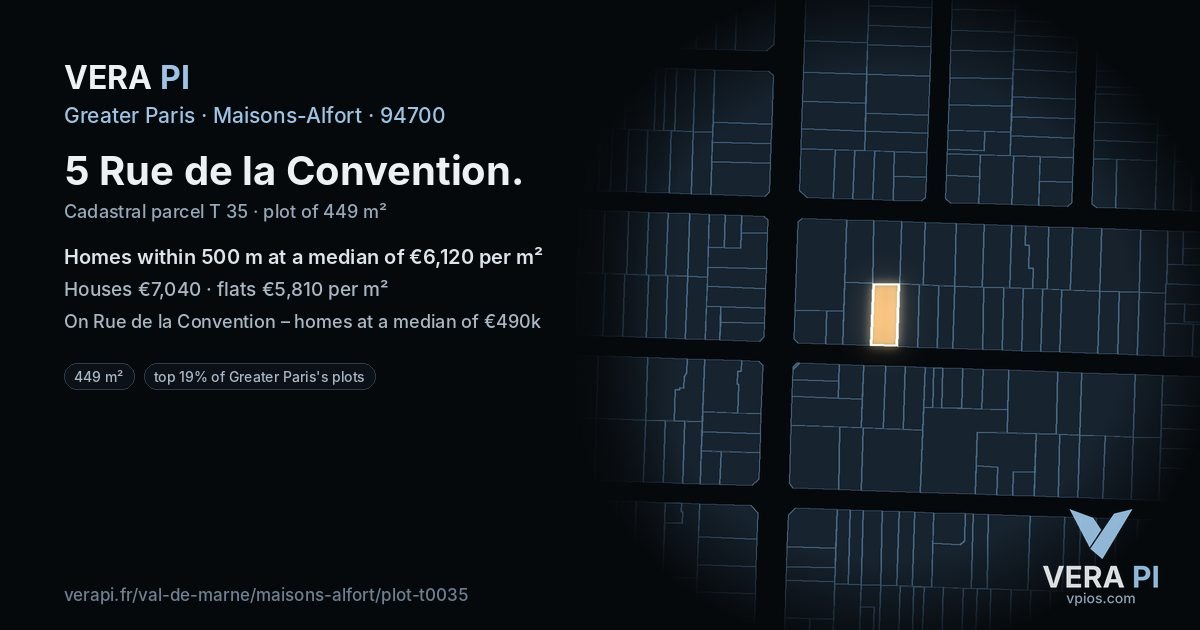 5 Rue de la Convention, Maisons-Alfort at night – the plot lit, the parcels around coloured by the prices near them