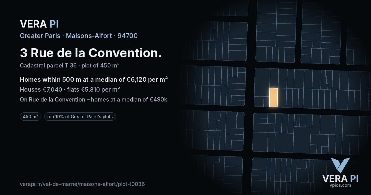 3 Rue de la Convention, Maisons-Alfort at night – the plot lit, the parcels around coloured by the prices near them