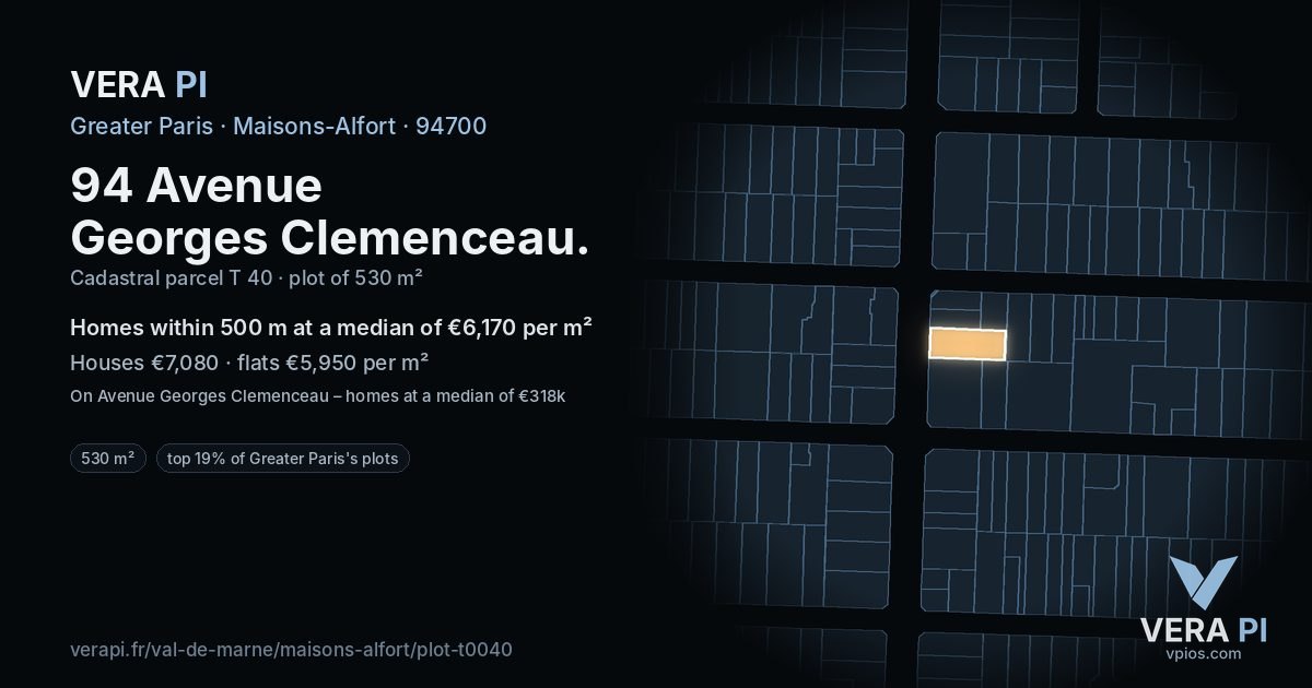 94 Avenue Georges Clemenceau, Maisons-Alfort at night – the plot lit, the parcels around coloured by the prices near them