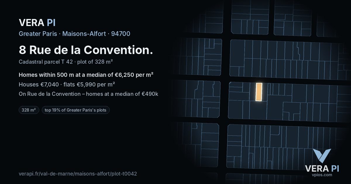8 Rue de la Convention, Maisons-Alfort at night – the plot lit, the parcels around coloured by the prices near them