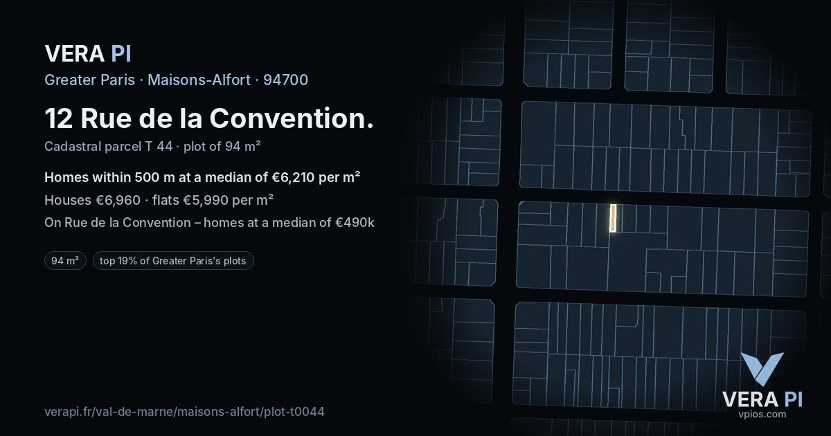 12 Rue de la Convention, Maisons-Alfort at night – the plot lit, the parcels around coloured by the prices near them