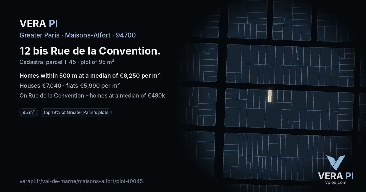 12 bis Rue de la Convention, Maisons-Alfort at night – the plot lit, the parcels around coloured by the prices near them