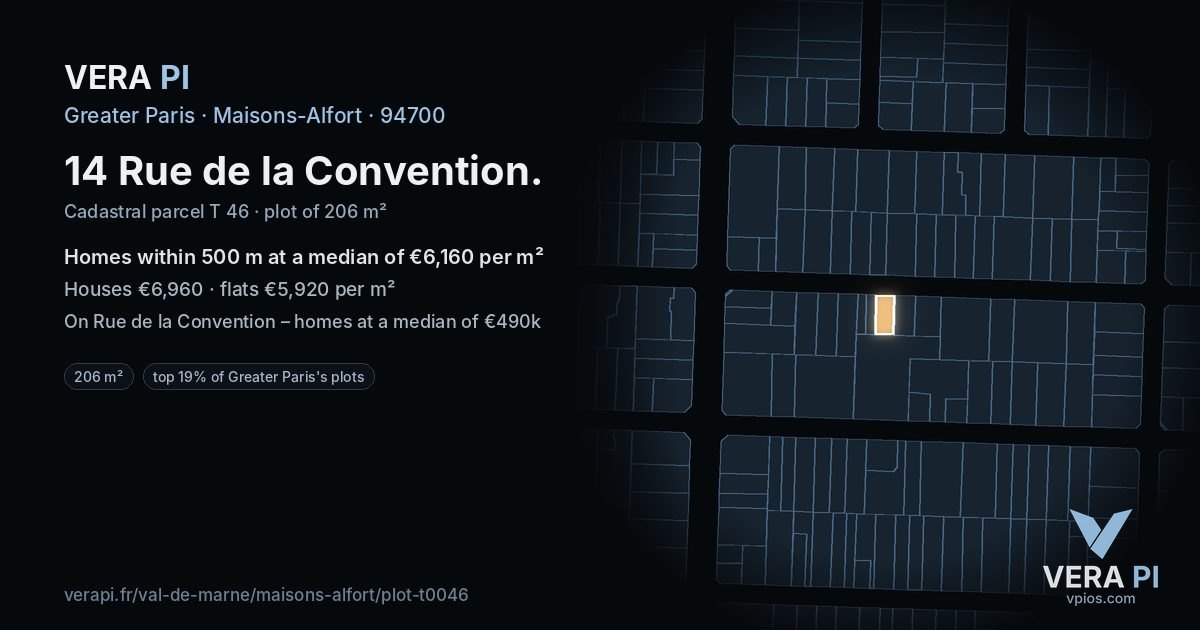 14 Rue de la Convention, Maisons-Alfort at night – the plot lit, the parcels around coloured by the prices near them