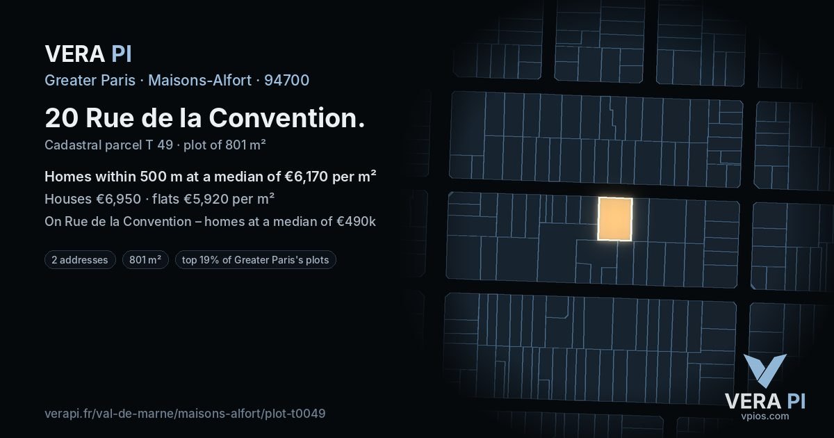 20 Rue de la Convention, Maisons-Alfort at night – the plot lit, the parcels around coloured by the prices near them