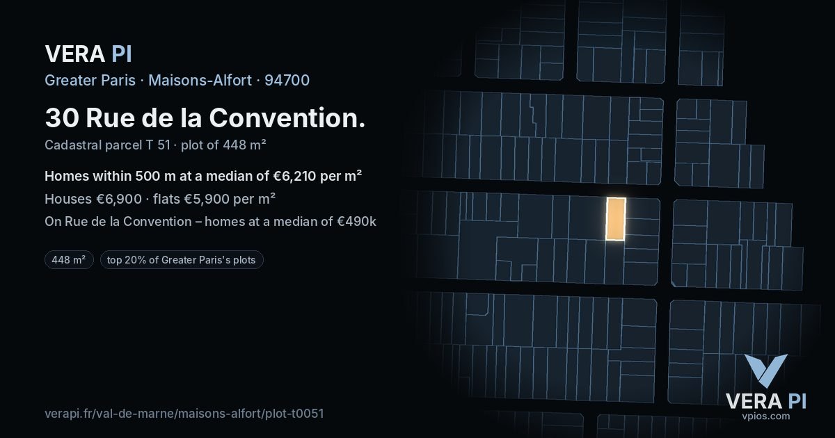 30 Rue de la Convention, Maisons-Alfort at night – the plot lit, the parcels around coloured by the prices near them