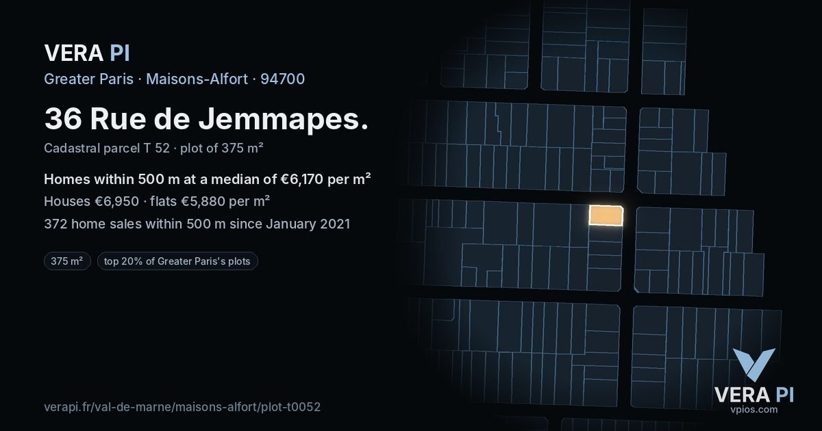 36 Rue de Jemmapes, Maisons-Alfort at night – the plot lit, the parcels around coloured by the prices near them