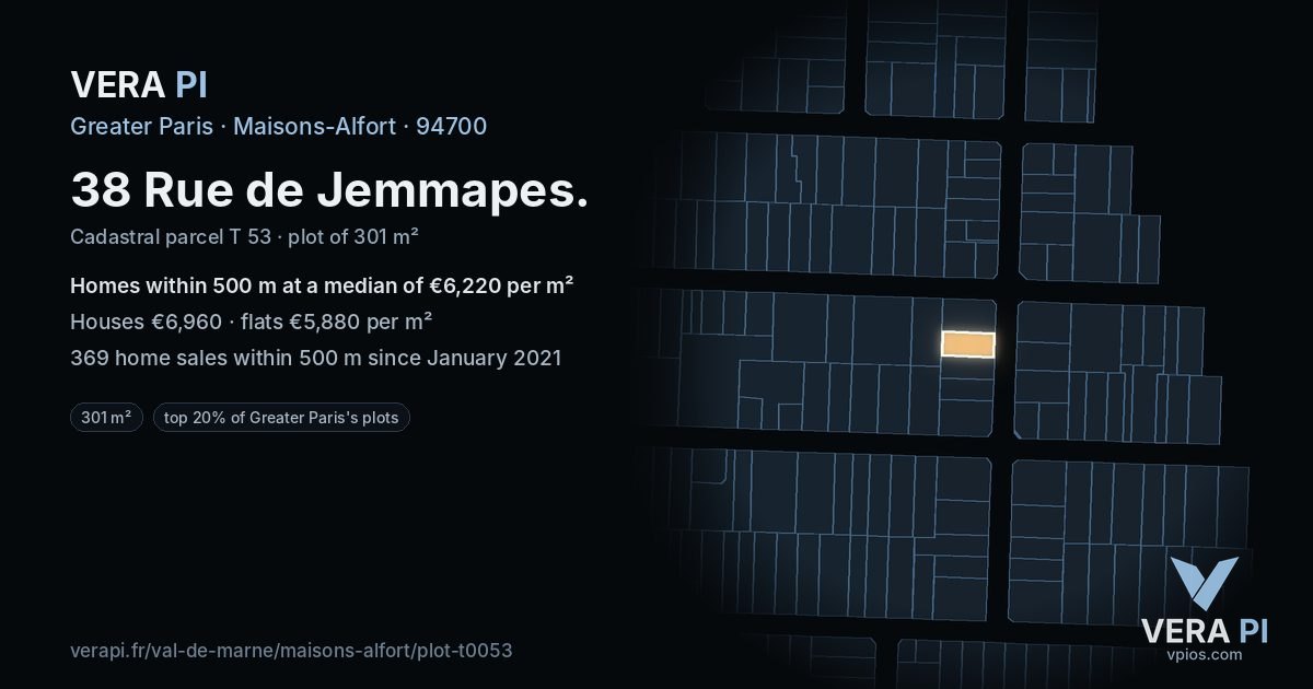 38 Rue de Jemmapes, Maisons-Alfort at night – the plot lit, the parcels around coloured by the prices near them