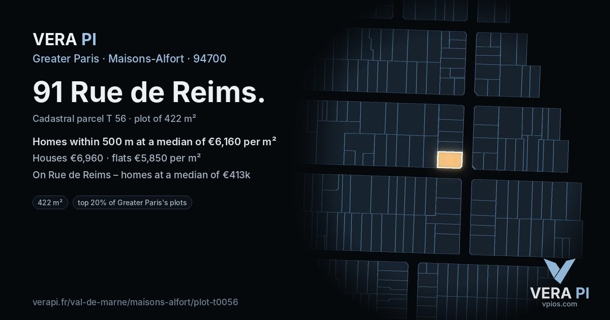 91 Rue de Reims, Maisons-Alfort at night – the plot lit, the parcels around coloured by the prices near them