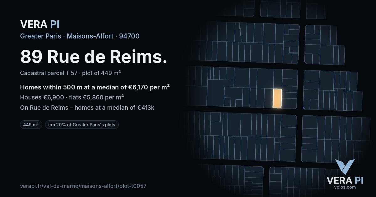 89 Rue de Reims, Maisons-Alfort at night – the plot lit, the parcels around coloured by the prices near them