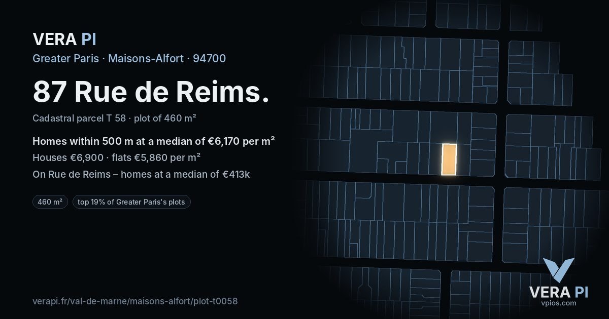 87 Rue de Reims, Maisons-Alfort at night – the plot lit, the parcels around coloured by the prices near them