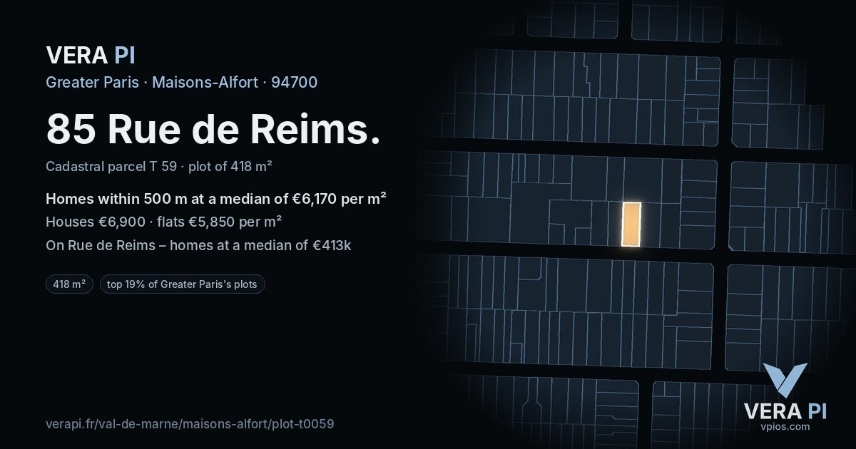 85 Rue de Reims, Maisons-Alfort at night – the plot lit, the parcels around coloured by the prices near them