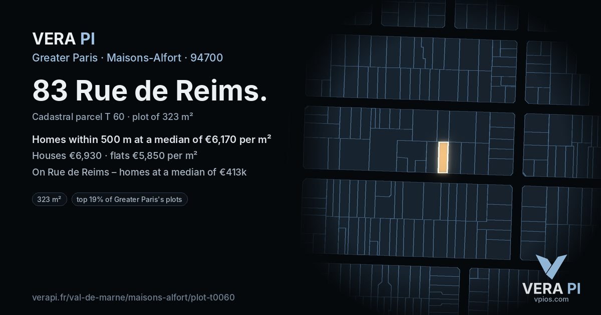 83 Rue de Reims, Maisons-Alfort at night – the plot lit, the parcels around coloured by the prices near them