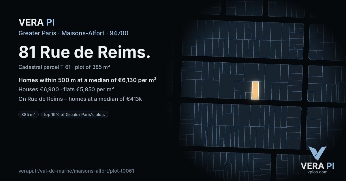 81 Rue de Reims, Maisons-Alfort at night – the plot lit, the parcels around coloured by the prices near them