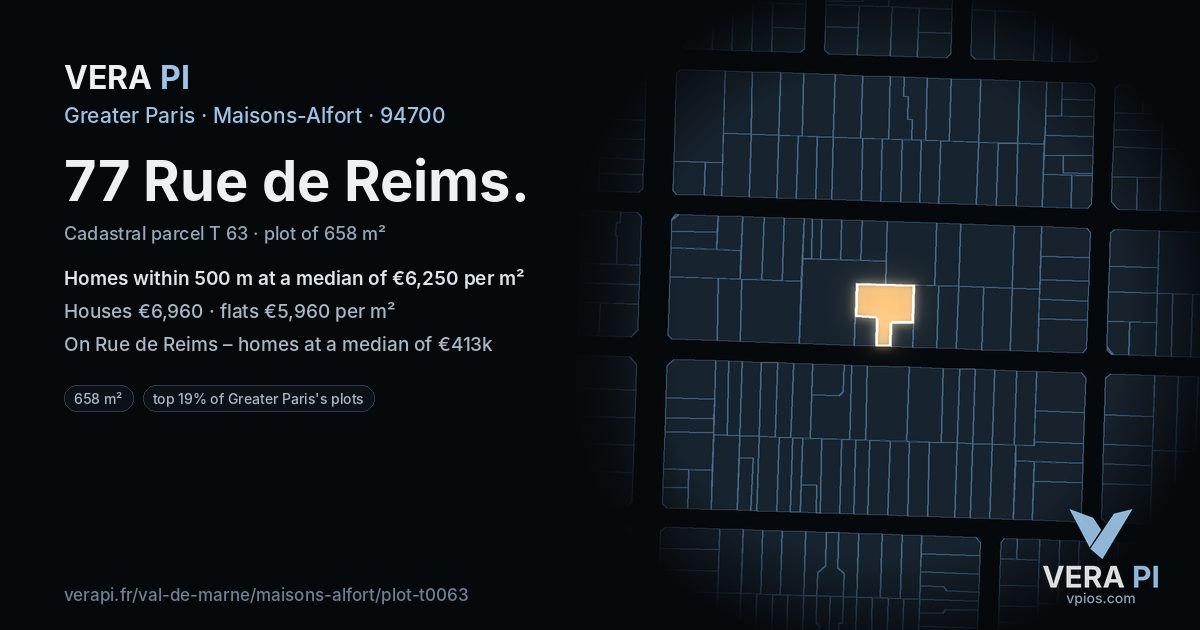 77 Rue de Reims, Maisons-Alfort at night – the plot lit, the parcels around coloured by the prices near them
