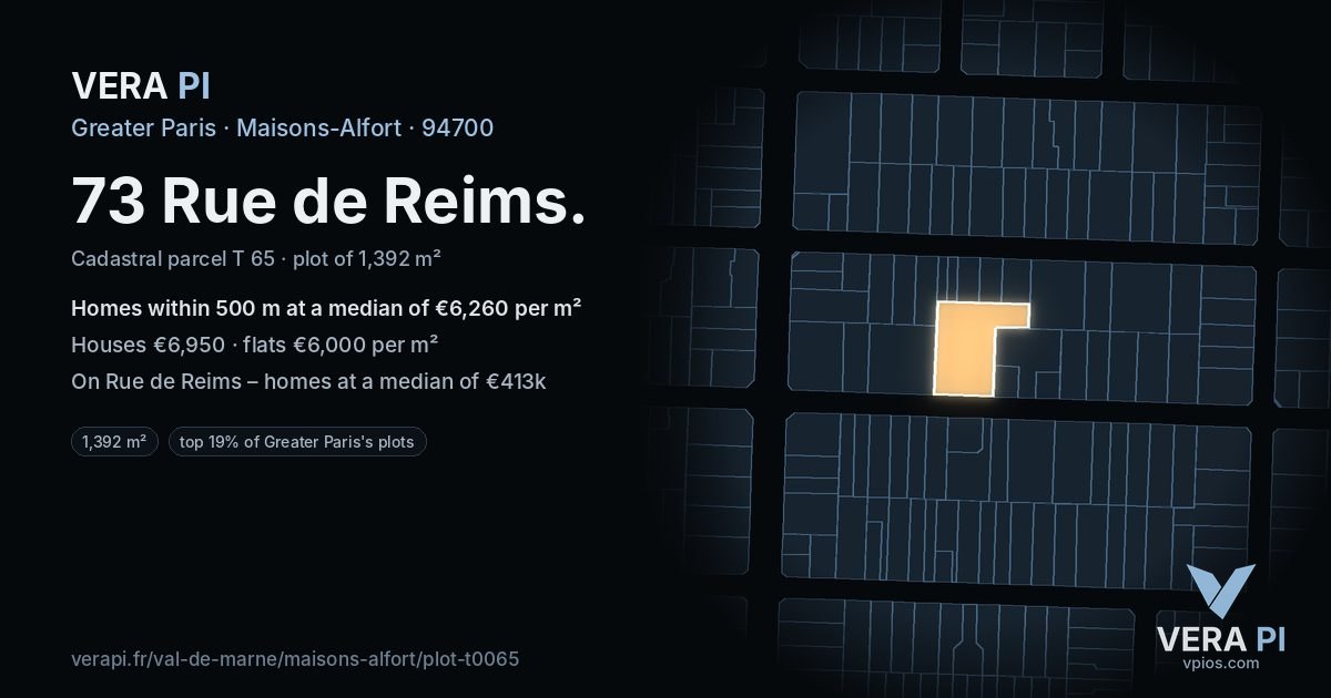 73 Rue de Reims, Maisons-Alfort at night – the plot lit, the parcels around coloured by the prices near them