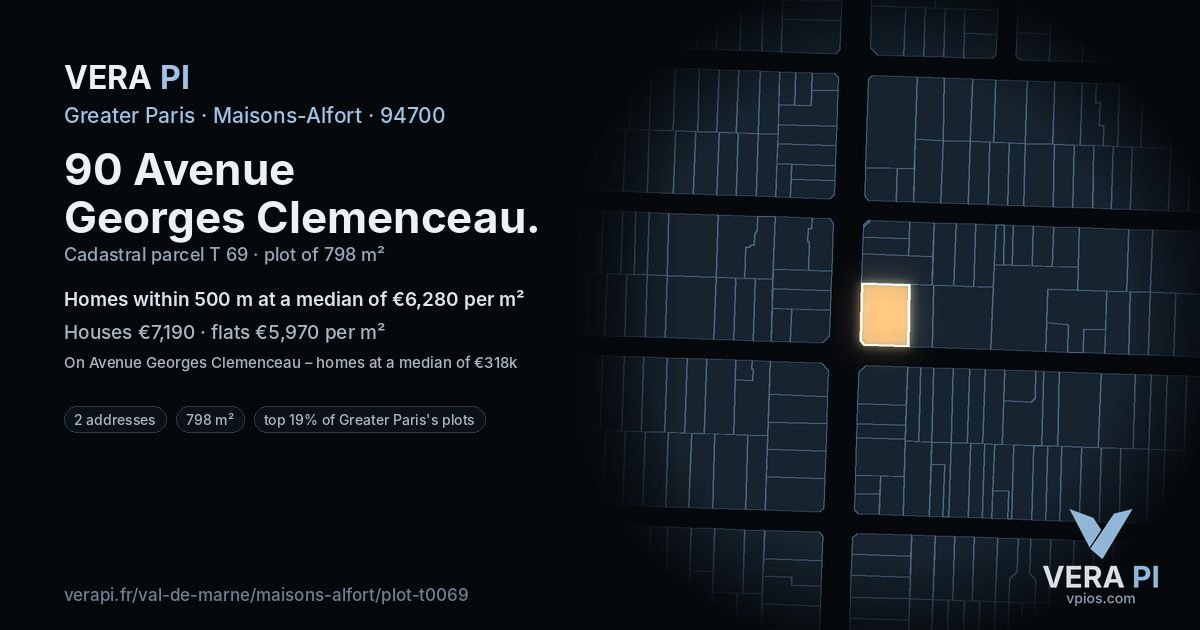 90 Avenue Georges Clemenceau, Maisons-Alfort at night – the plot lit, the parcels around coloured by the prices near them
