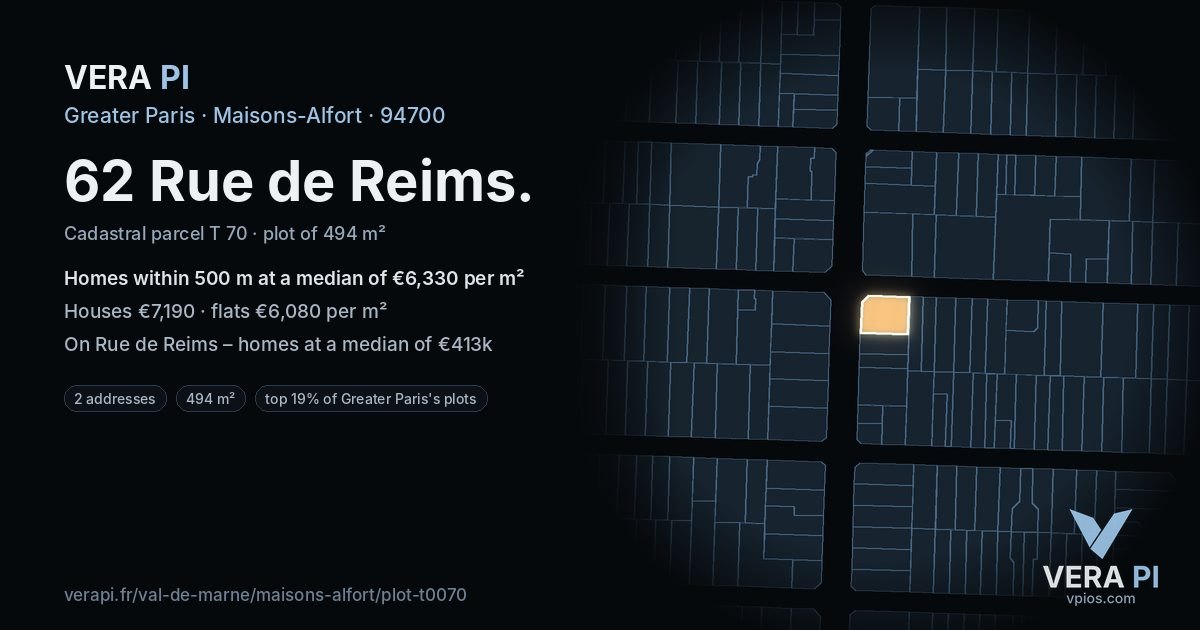 62 Rue de Reims, Maisons-Alfort at night – the plot lit, the parcels around coloured by the prices near them