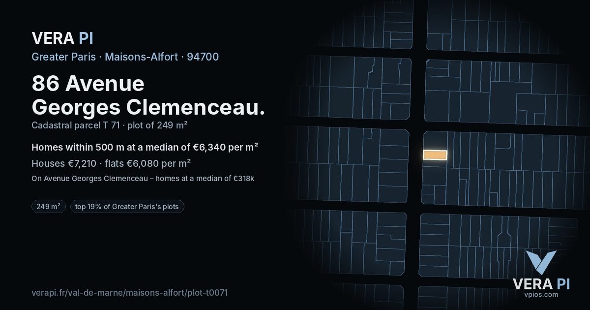 86 Avenue Georges Clemenceau, Maisons-Alfort at night – the plot lit, the parcels around coloured by the prices near them
