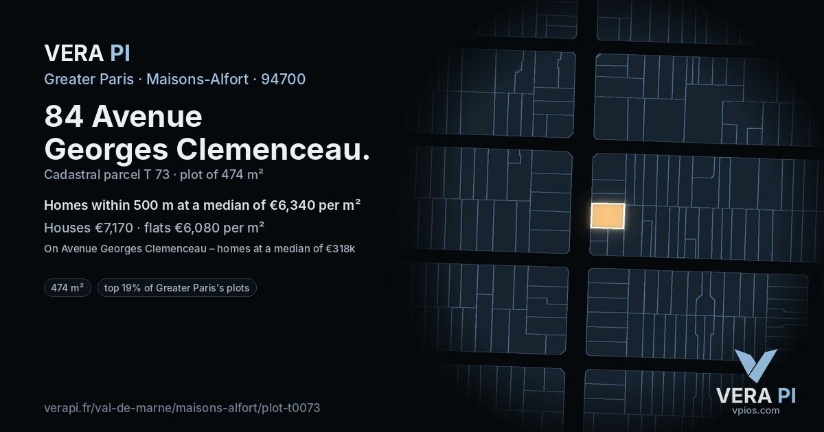 84 Avenue Georges Clemenceau, Maisons-Alfort at night – the plot lit, the parcels around coloured by the prices near them