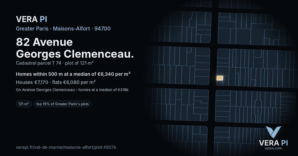 82 Avenue Georges Clemenceau, Maisons-Alfort at night – the plot lit, the parcels around coloured by the prices near them