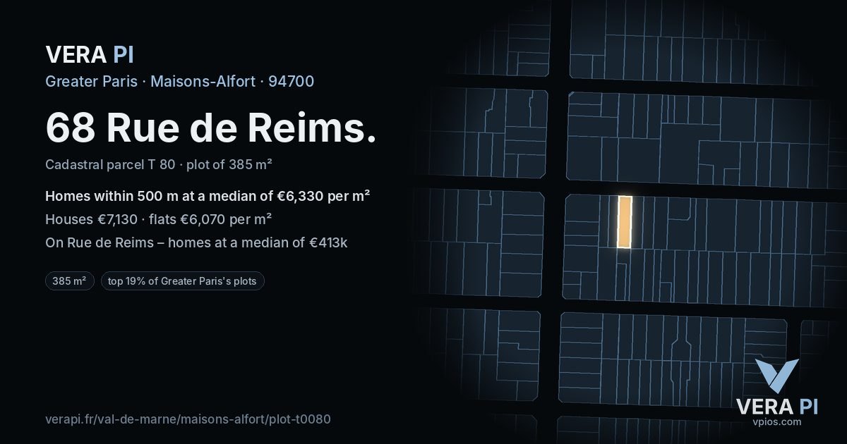 68 Rue de Reims, Maisons-Alfort at night – the plot lit, the parcels around coloured by the prices near them