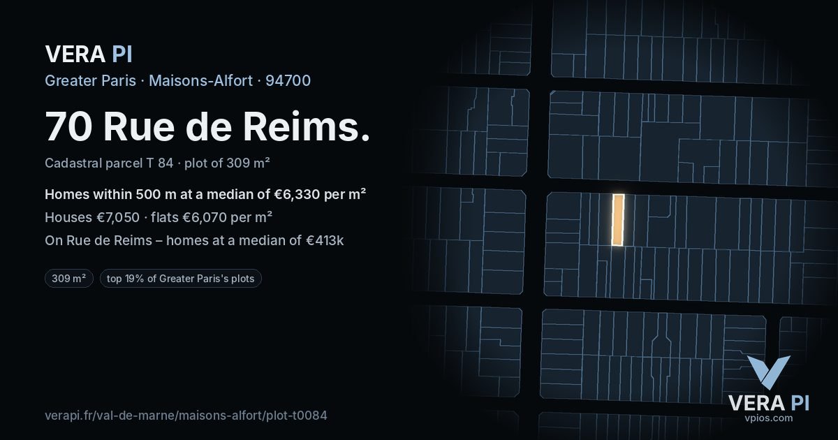 70 Rue de Reims, Maisons-Alfort at night – the plot lit, the parcels around coloured by the prices near them