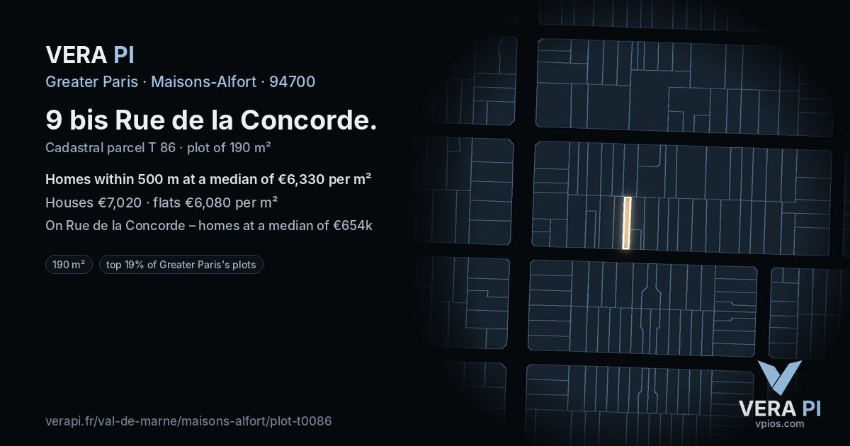 9 bis Rue de la Concorde, Maisons-Alfort at night – the plot lit, the parcels around coloured by the prices near them