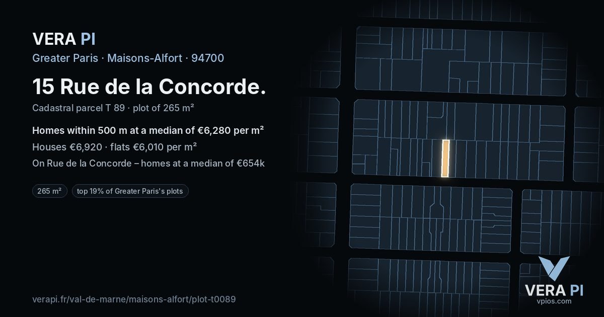 15 Rue de la Concorde, Maisons-Alfort at night – the plot lit, the parcels around coloured by the prices near them