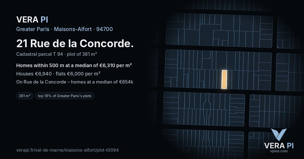 21 Rue de la Concorde, Maisons-Alfort at night – the plot lit, the parcels around coloured by the prices near them