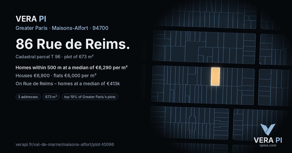 86 Rue de Reims, Maisons-Alfort at night – the plot lit, the parcels around coloured by the prices near them