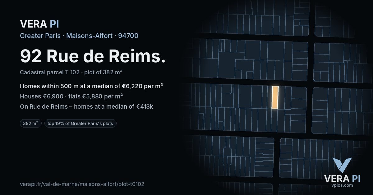 92 Rue de Reims, Maisons-Alfort at night – the plot lit, the parcels around coloured by the prices near them